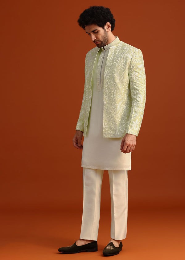 Yellow Silk Indo Western And Kurta Set With French Knots