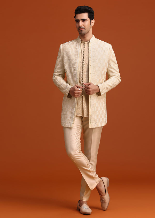 Beige Silk Indo Western And Kurta Set With Zardozi Work