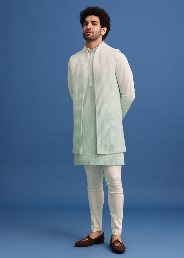 Green Silk Ombre Zardosi Kurta Jacket Set
