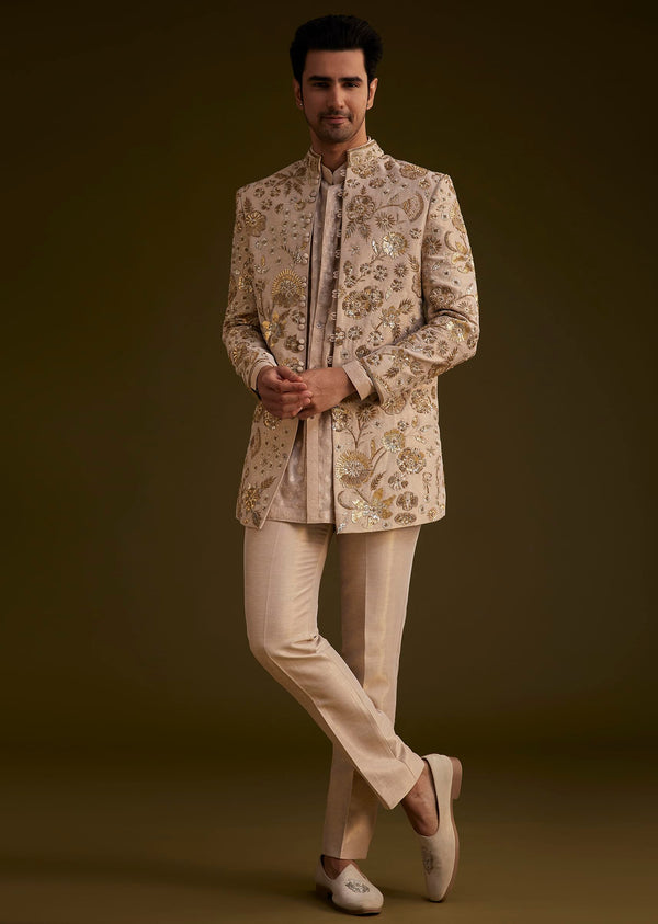 Gold Silk Indowestern Suit With Floral Zardosi Embroidery