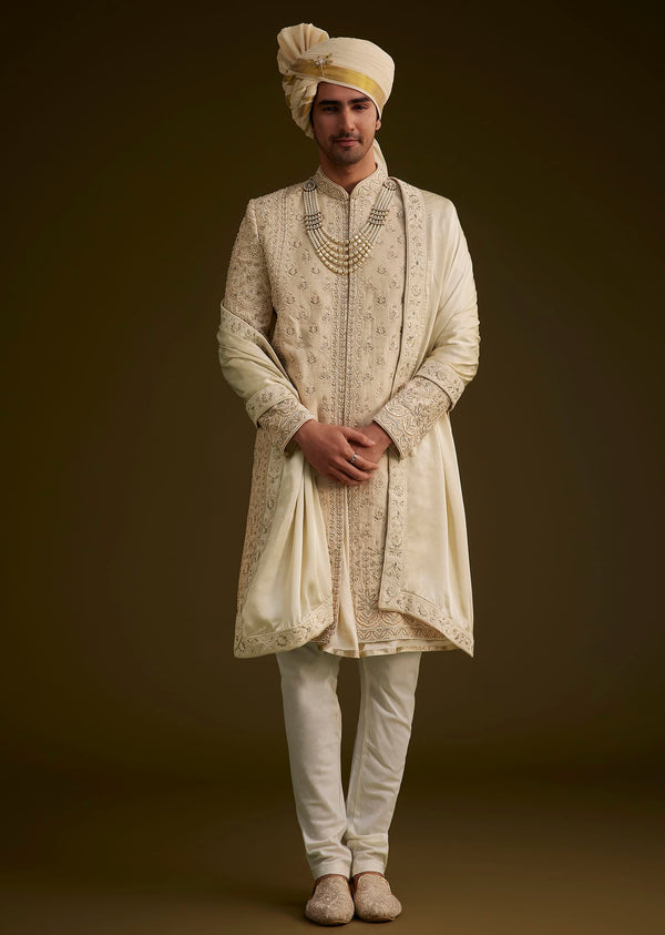 Fawn Raw Silk Sherwani Set With Zardosi Embroidery