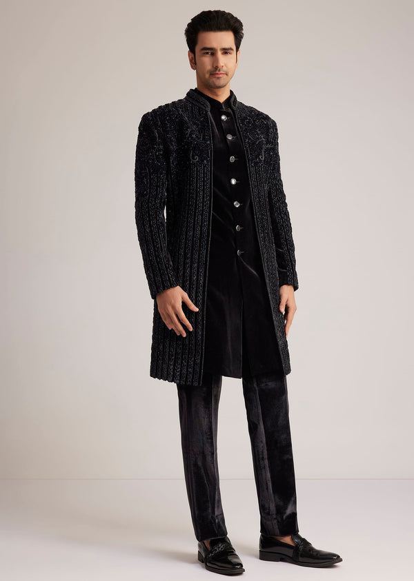 Black Velvet Indowestern Set With Cut Dana Embellishment