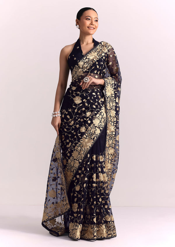 Blue Organza Parsi Gara Embroidered Saree