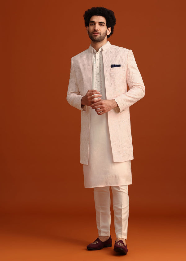 Pink Silk Embroidered Sherwani Set