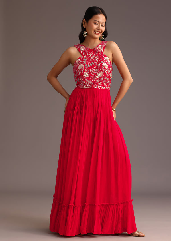Red Embroidered Jumpsuit With Belt