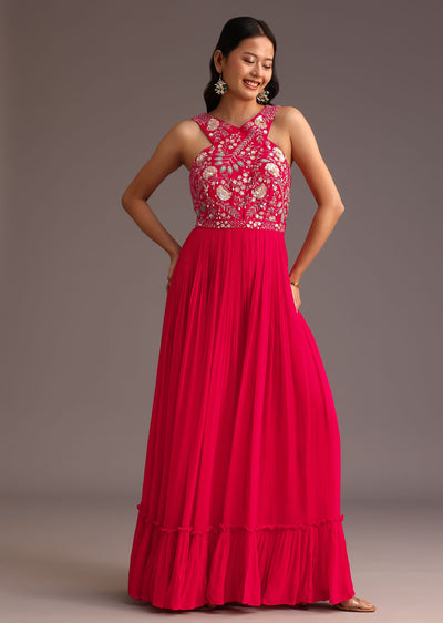 Red Embroidered Jumpsuit With Belt