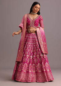 Dark Pink Embroidered Choli With Banarasi Weave Lehenga And Dupatta