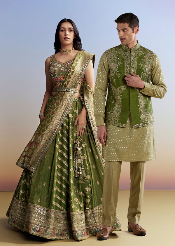 Green Celebration Duo – Tissue Bridesmaid Lehenga For Her And Chanderi Jacket Kurta Set For Him