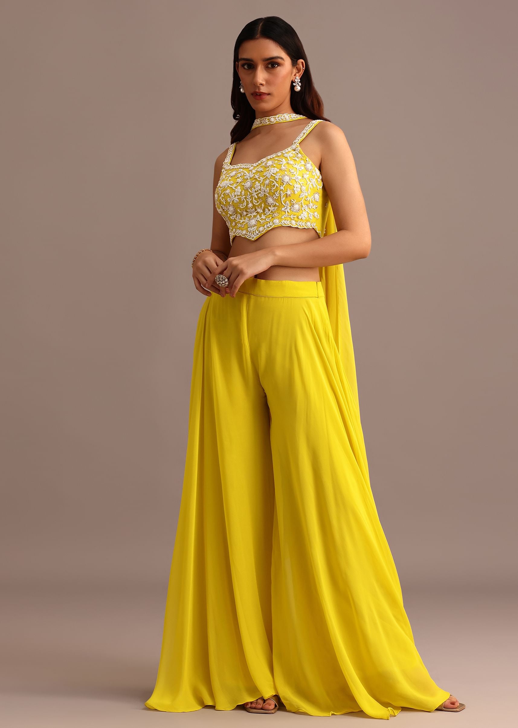 Yellow ombre embroidered palazzo suit with teal dupatta.
