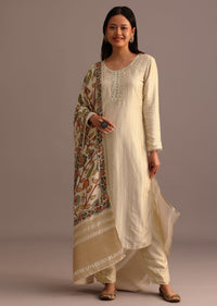 Beige Embroidered Kurti Pant Set With Kalamkari Printed Chanderi Dupatta