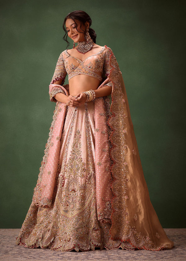 Pink Brocade Velvet Lehenga Choli With Two Scallop Dupattas