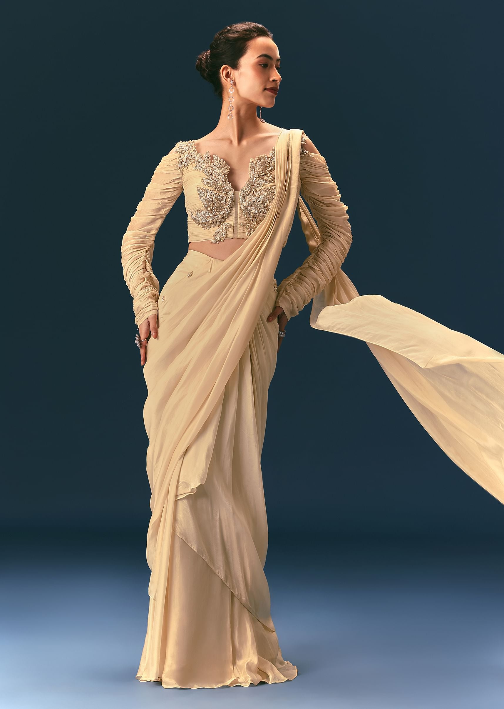 Champagne Peach Embroidered Readymade Saree With 3D Applique Blouse ...