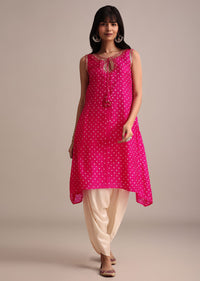 Rani Pink Silk Bandhani Print Kurta Dhoti Set
