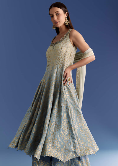 Blue Ombre Georgette Anarkali With Cutdana Neck And Zari Dupatta