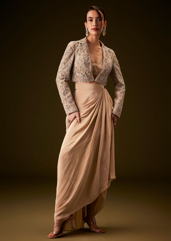 Beige Gold Zardozi Embroidered Jacket With Draped Skirt And Bustier| KALKI  Fashion India