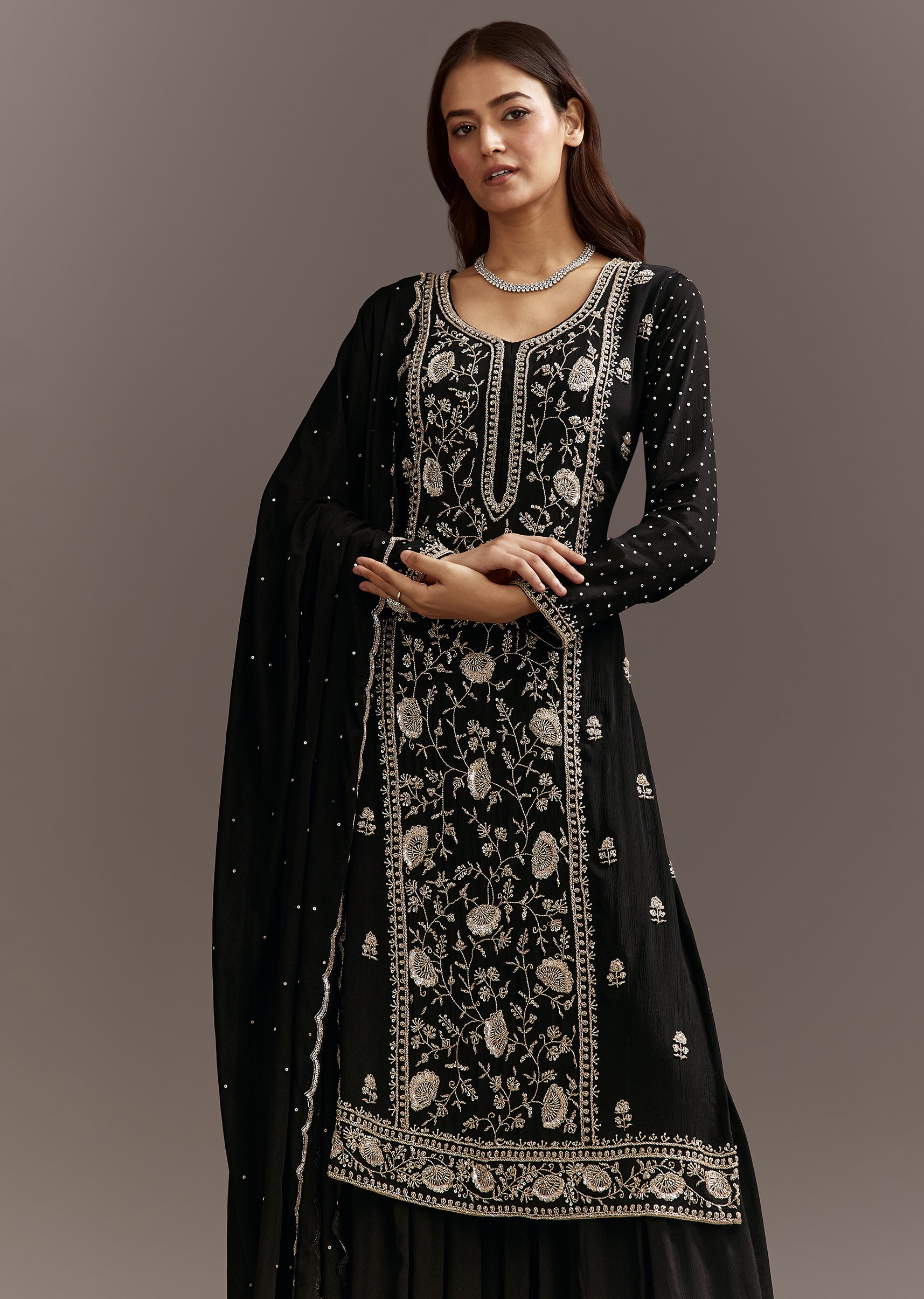 Black Cutdana And Sequins Kurta With Chinon Sharara And Dupatta