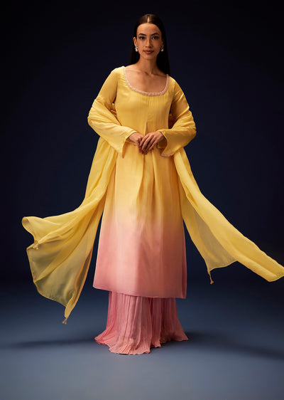 Yellow Orgnaza Kurta Palazzo Suit With Bell Bottom Pants