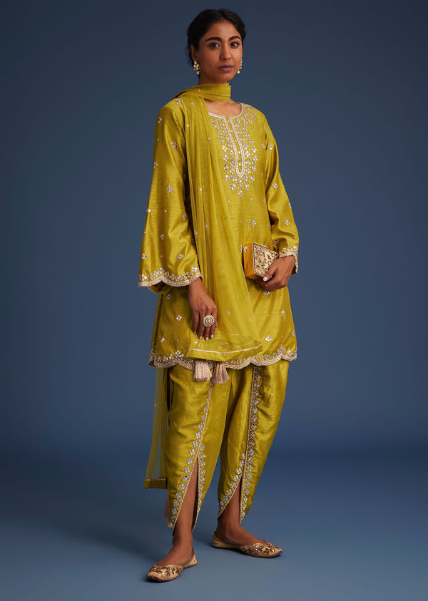 Mehendi Green Silk Embroidered Kurta Dhoti Set