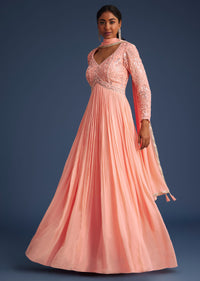 Peach Georgette Anarkali With Mirror And Sequin Work