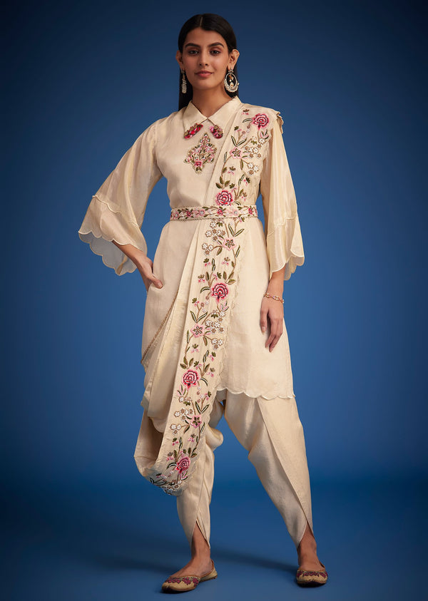 White Tissue Embroidered Dhoti Set