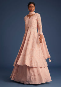 Peach Pink Organza Kurta Set With Chinon Skirt