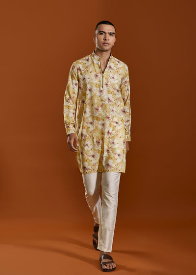 Yellow Floral Printed Kurta Set With Zipper
