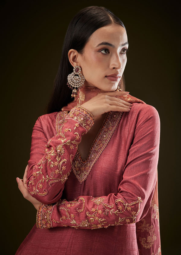Maroon Raw Silk Embroidered Anarkali With Printed Dupatta