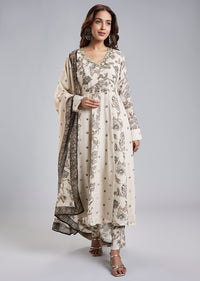 Beige Floral Printed Crepe Anarkali Set With Chinon Dupatta