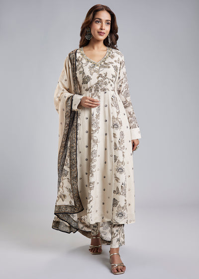 Beige Floral Printed Crepe Anarkali Set With Chinon Dupatta