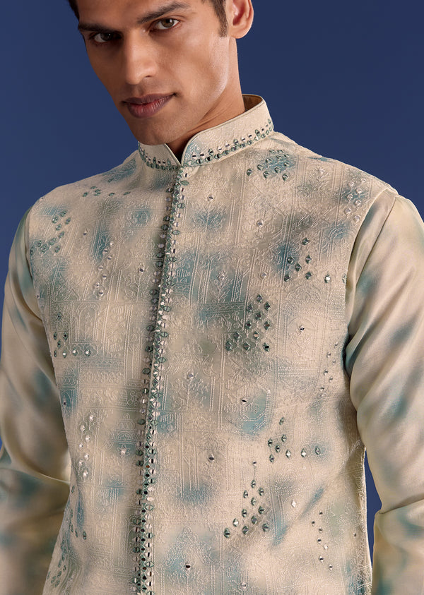 Green Cotton Silk Mirrowork Kurta Jacket Set With Tie Dye Print
