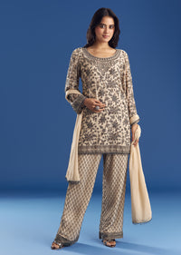 Cream Georgette Fully Beaded Kurta Pant Set With Dupatta