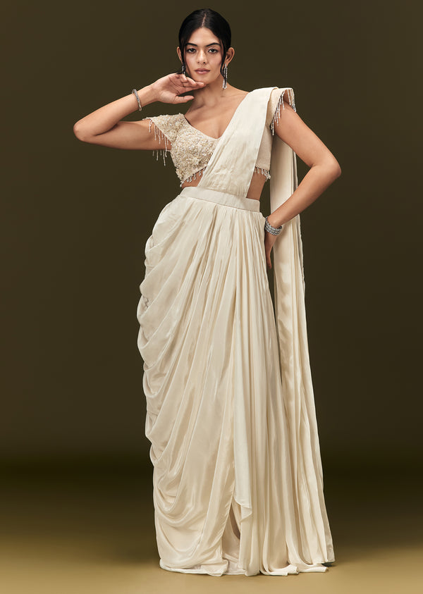 Ivory Crepe Pre Draped Saree With Zardosi And 3D Flower Motifs