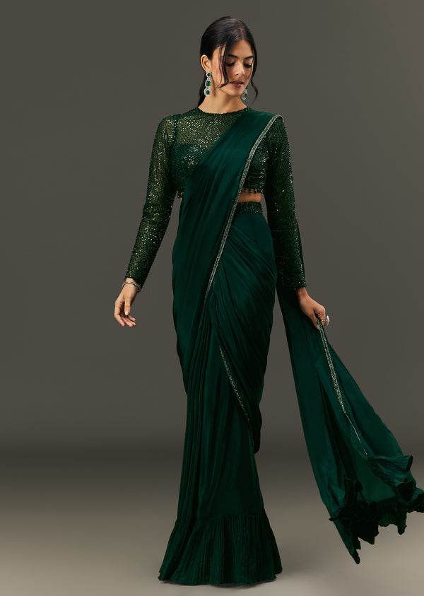 Bottle Green Pre Pleated Saree With Embroidered High Neck Full Sleeve Blouse