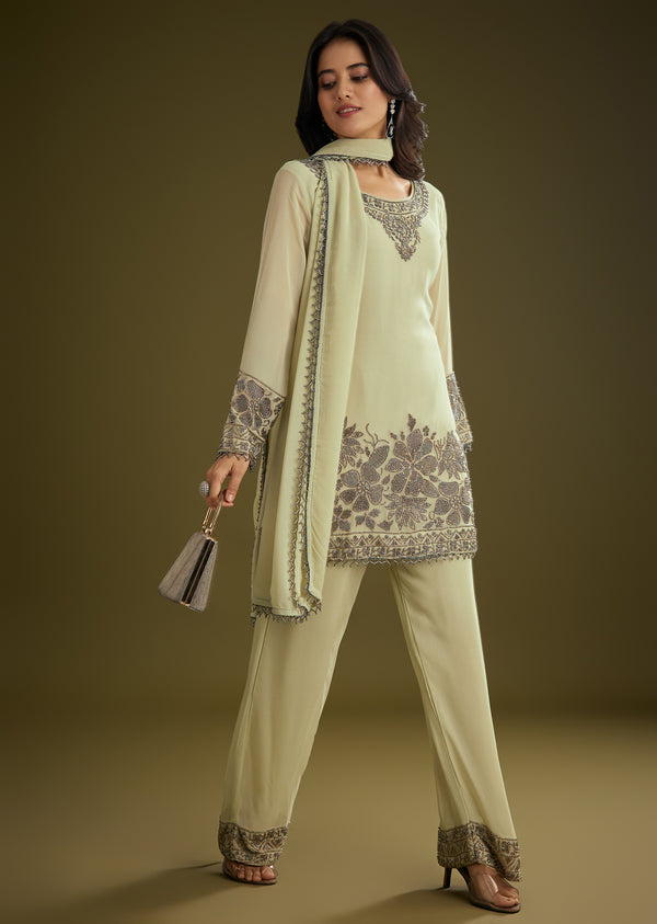 Mint Green Georgette Beads Kurta Set With Tassels Bordered Dupatta
