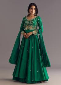 Green Russian Silk Front Slit Kurta Dupatta Set With Beaded Embroidery
