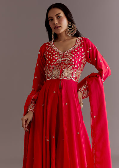 Red Russian Silk Front Slit Cutdana Beaded Kurta Set With Dupatta