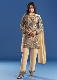 Cream Beaded Kurta Dupatta Set With Georgette Pant