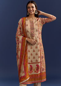 Beige Floral Printed Kurta And Dupatta With Cut Dana And Zardosi Work