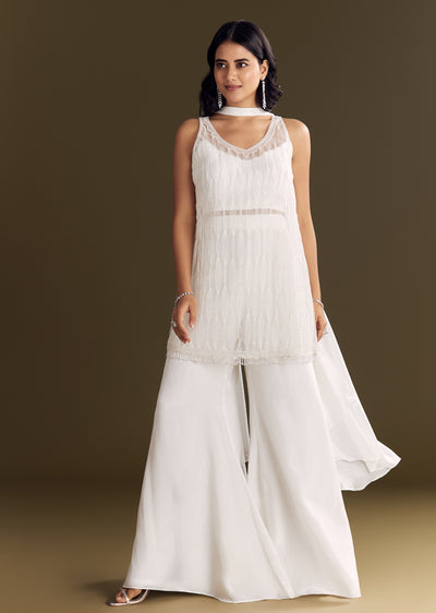 White Crepe Kurta Set With Net Choker Style Dupatta