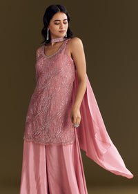 Pink Crepe Embroidered Kurta Palazzo Suit Set With Net Choker Dupatta