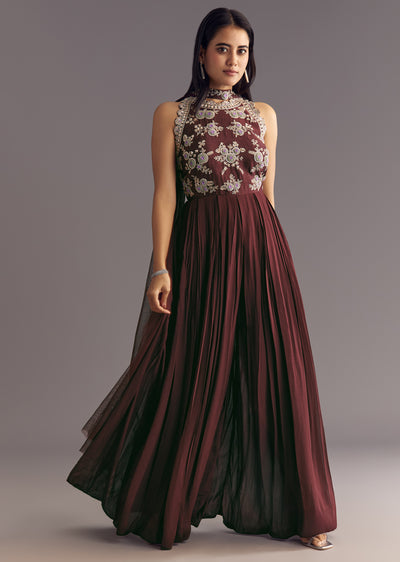 Brown Georgette Jumpsuit With Beads And Cutdana Embroidery