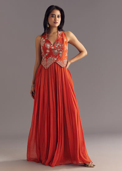 Orange Georgette Jumpsuit With Moti And Sequins Embroidery