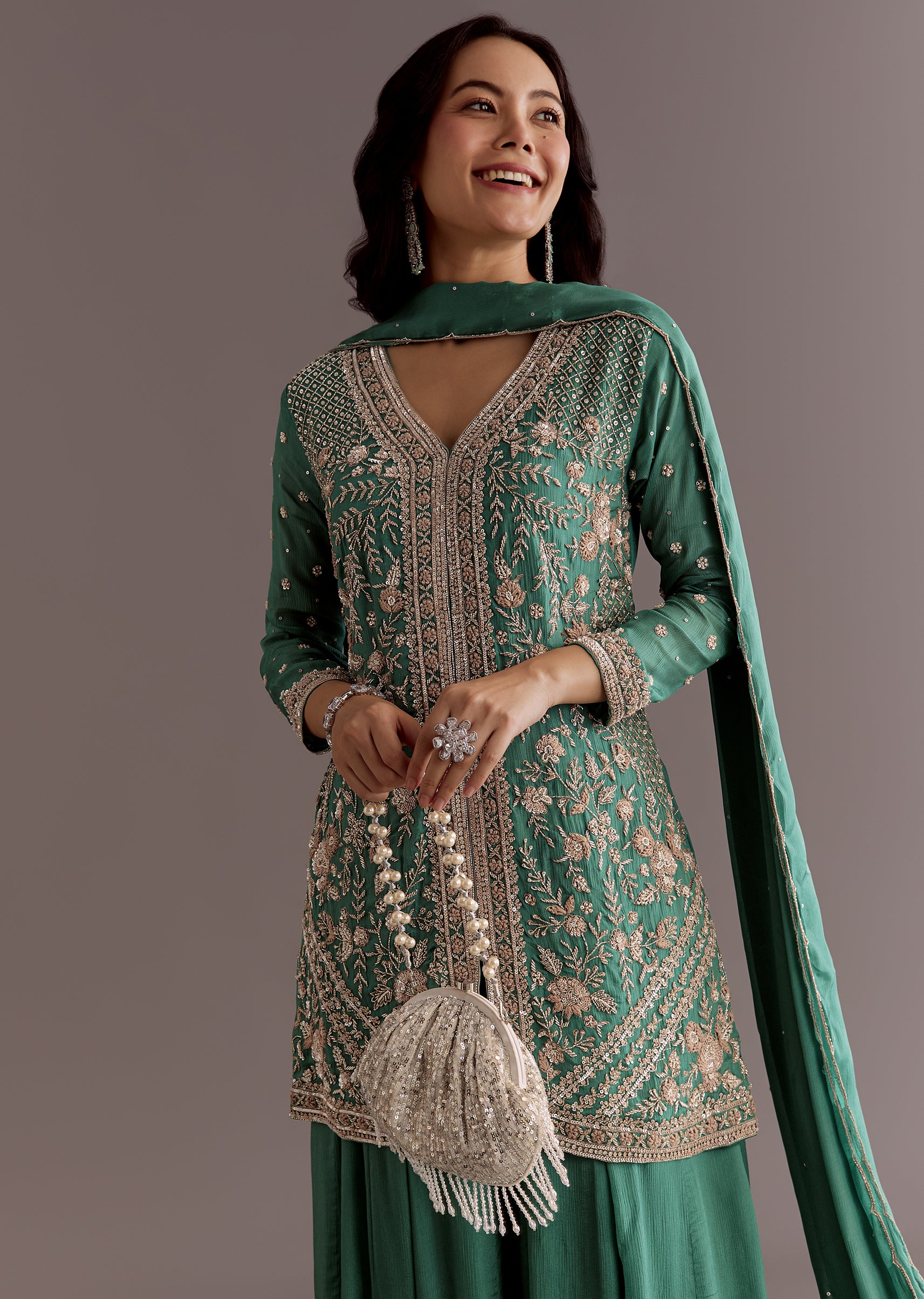 Green Chinon Cudtana Embroidered Kurta Palazzo Suit