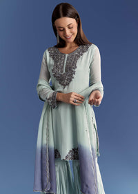 Mint Green Chinon Kurta Set With Beads And Ombre Dupatta
