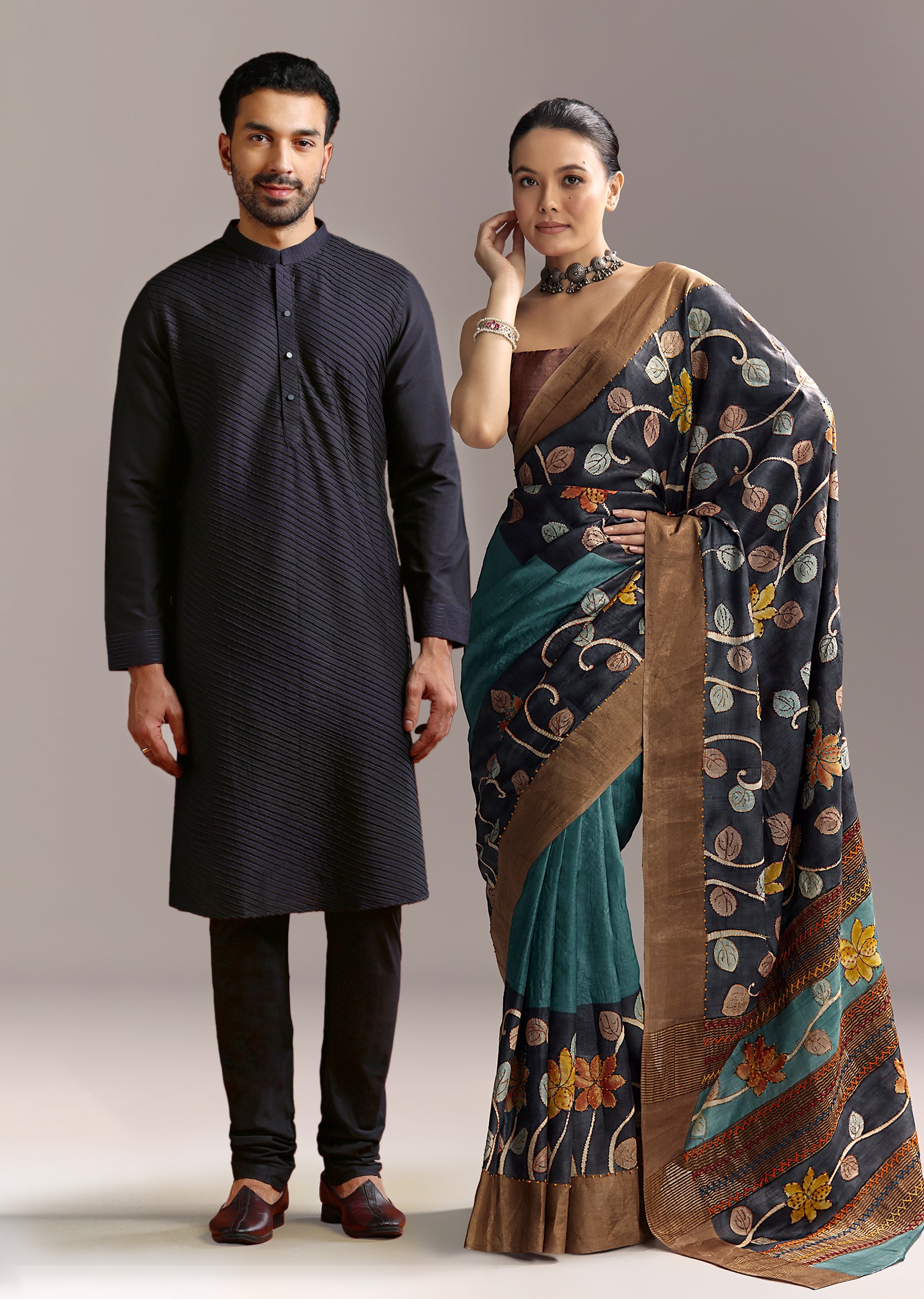 Artisan Blue Pair – Hand Painted Saree For Her And Kurta Set For Him