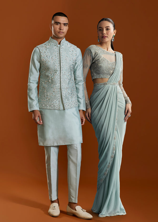 Blue Festive Pair – Ready Pleated Saree For Her And Kurta Set For Him