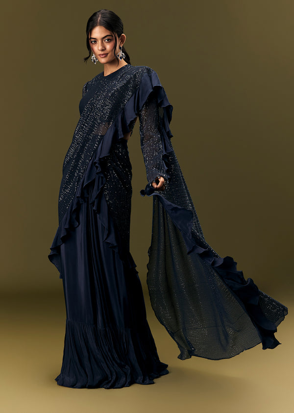 Navy Blue Crepe Ready Pleated Saree With Full Sleeve High Neck Blouse