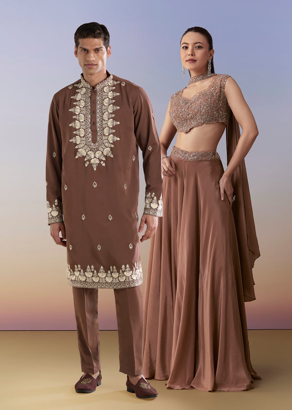 Earthy Elegance Couple Set – Brown Embellished Crop Top And Pant Set for Her And Rust Embroidered Silk Kurta Set for Him
