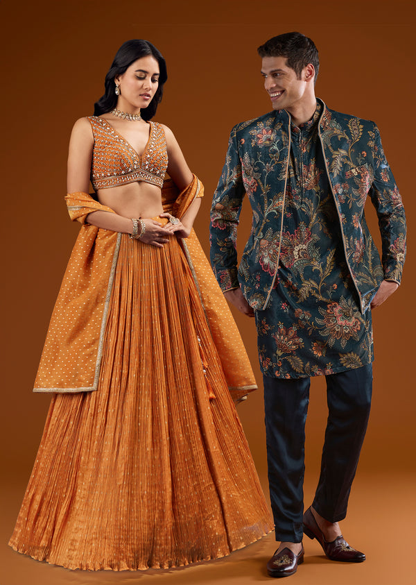 Traditional Luxe Couple Set – Banarasi Silk Lehenga for Her And Velvet Jodhpuri Kurta Set for Him