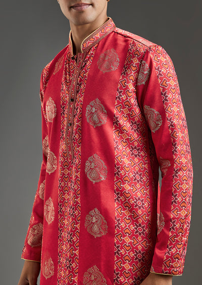 Red Kurta Set For Men With Ethnic Motif Work